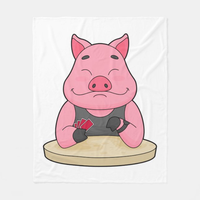 Pig at Poker with Poker cards Fleece Blanket (Front)