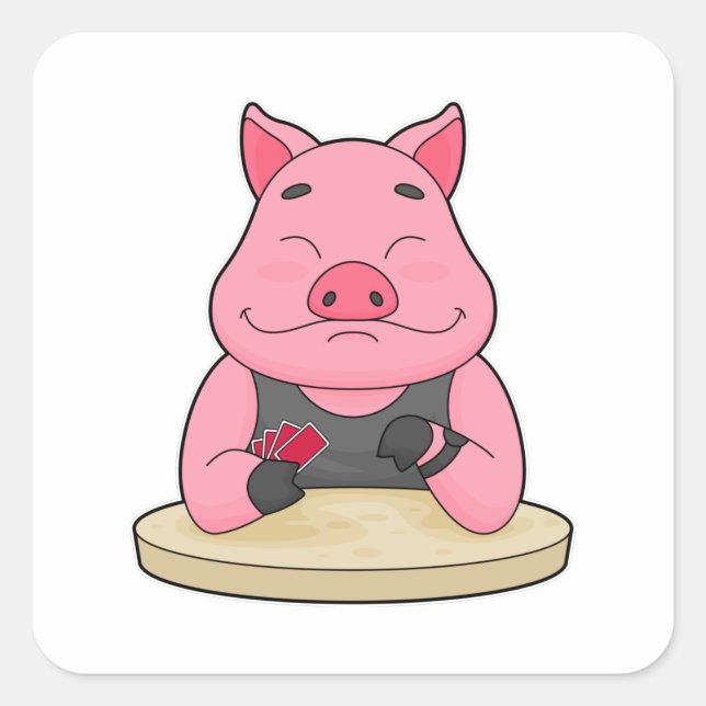 Pig at Poker with Poker cards Square Sticker (Front)