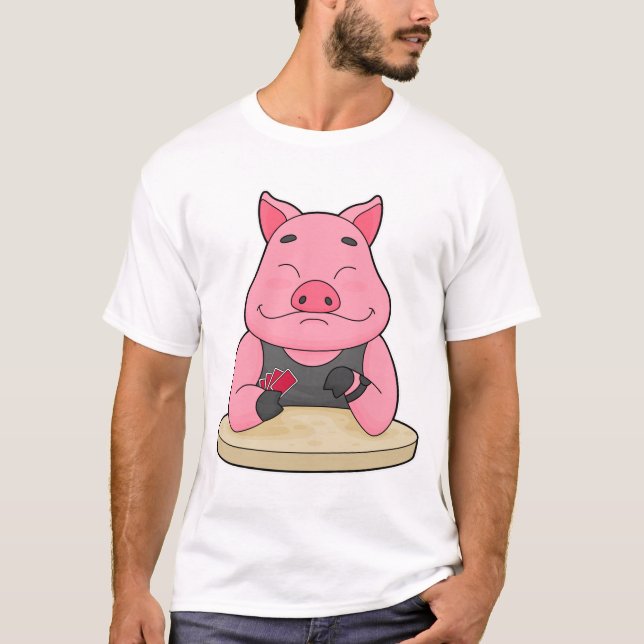 Pig at Poker with Poker cards T-Shirt (Front)