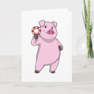 Pig at Poker with Poker chips Card