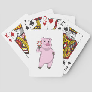 Pig at Poker with Poker chips Playing Cards