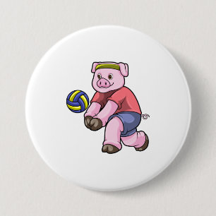 Pig at Sports with Volleyball 7.5 Cm Round Badge