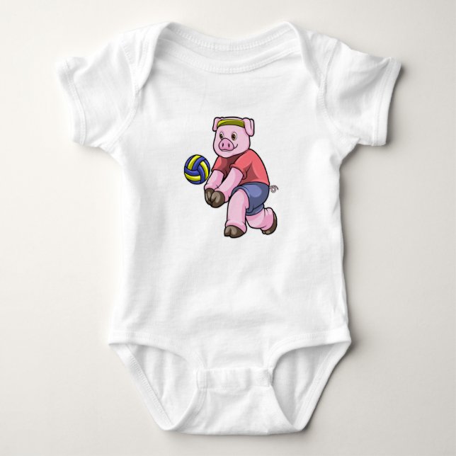Pig at Sports with Volleyball Baby Bodysuit (Front)