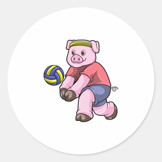Pig at Sports with Volleyball Classic Round Sticker (Front)