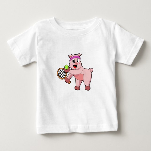 Pig at Tennis with Tennis racket Baby T-Shirt (Front)