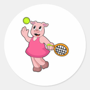 Pig at Tennis with Tennis racket Classic Round Sticker