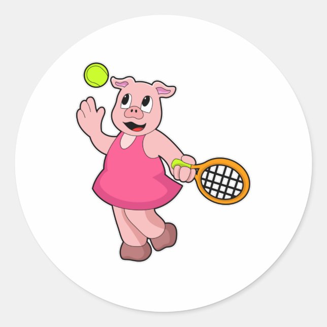Pig at Tennis with Tennis racket Classic Round Sticker (Front)