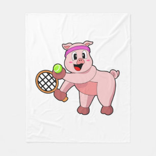 Pig at Tennis with Tennis racket Fleece Blanket