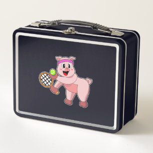 Pig at Tennis with Tennis racket Metal Lunch Box