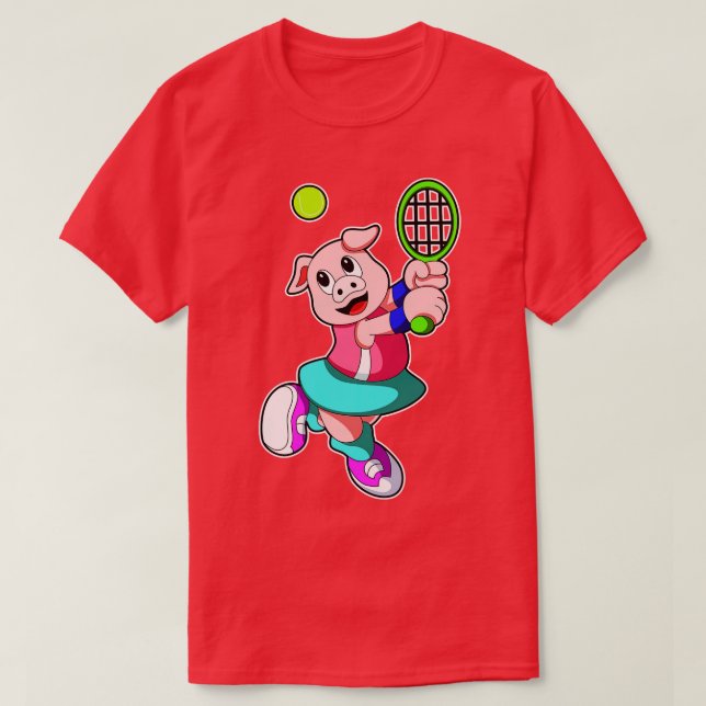 Pig at Tennis with Tennis racket Skirt T-Shirt (Design Front)