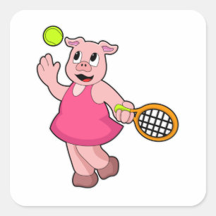 Pig at Tennis with Tennis racket Square Sticker