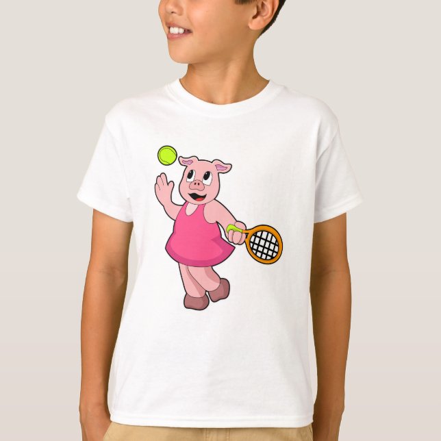 Pig at Tennis with Tennis racket T-Shirt (Front)