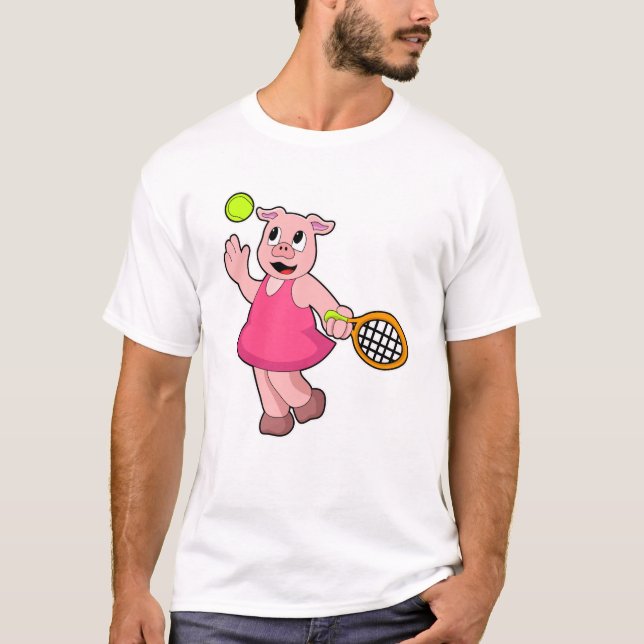 Pig at Tennis with Tennis racket T-Shirt (Front)