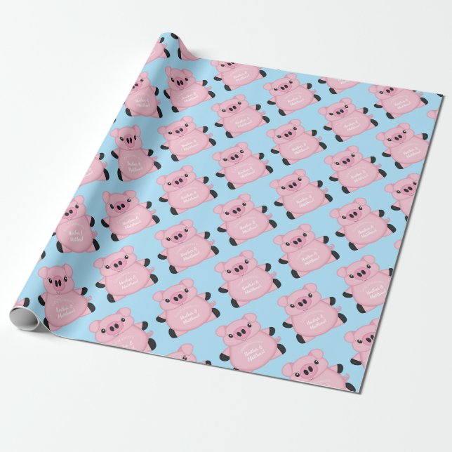 Pig Baby Shower Farm Blue Boy Wrapping Paper (Unrolled)