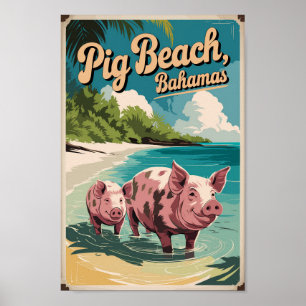 Pig Beach Bahamas Travel Art Vintage Poster
