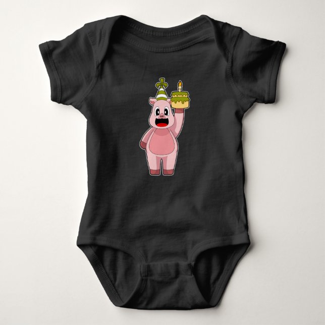Pig Birthday Candle Cake Baby Bodysuit (Front)