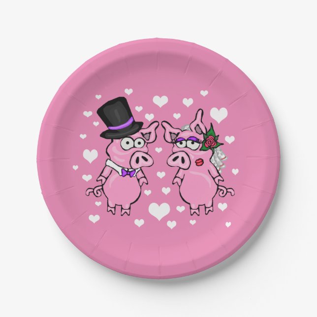 Pig Bride And Groom Wedding Paper Plates (Front)