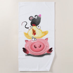 Pig Chicken and Mouse Friends Funny Beach Towel
