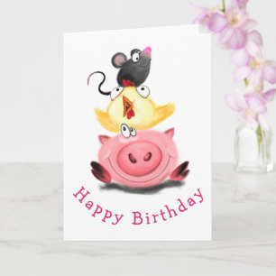 Pig Chicken and Mouse Friends Funny Birthday Card