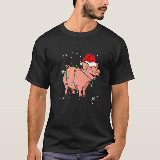 Pig Christmas Lights Led  Santa Hat Christmas T-Shirt (Front)