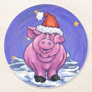 Pig Christmas Round Paper Coaster