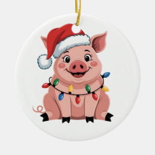 Pig Christmas Santa Hat Xmas Holiday Xmas Pigmass Ceramic Ornament