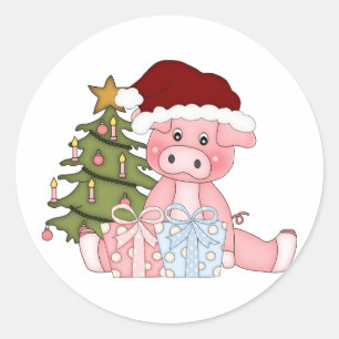 Pig & Christmas Tree Classic Round Sticker