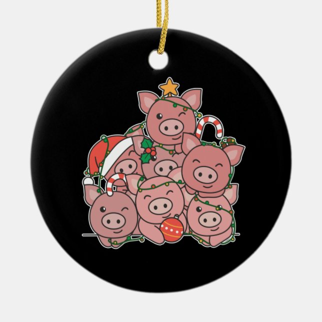 Pig Christmas Tree Funny Animal Christmas Ceramic Ornament (Front)