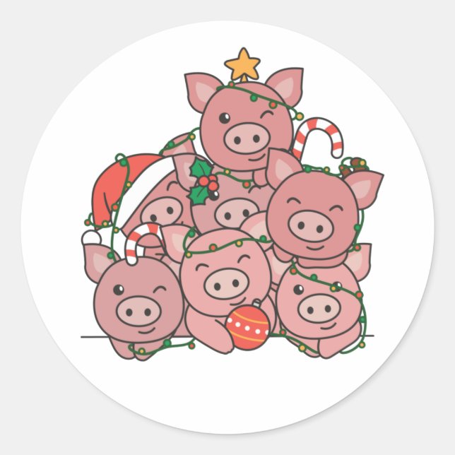 Pig Christmas Tree Funny Animal Christmas Classic Round Sticker (Front)
