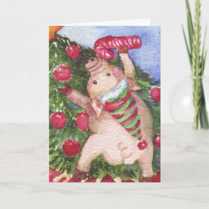 Pig Christmas Watercolor Painting Christmas Holiday Card