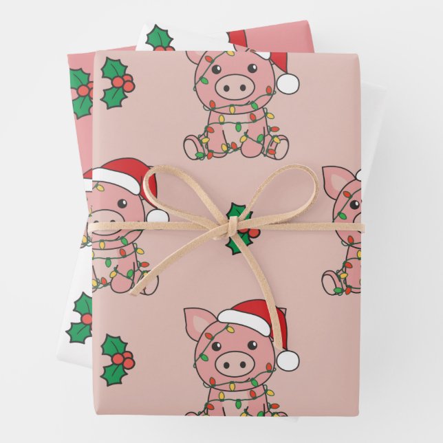 Pig Christmas Winter Animals Holiday Pigs Wrapping Paper Sheet (In situ)