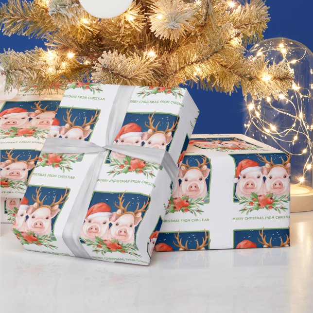 Pig Couple Cute Christmas Santa and Reindeer Wrapping Paper (Holidays)