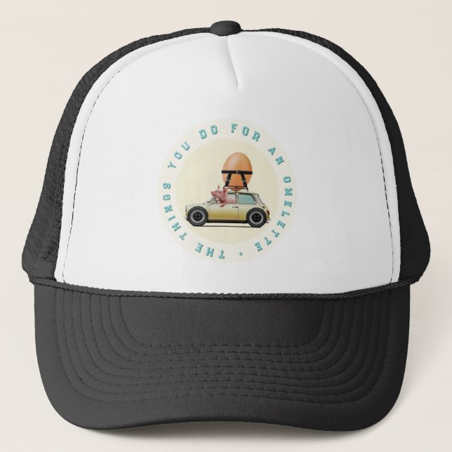 Pig Driving Car with Giant Egg – Whimsical Fun  Trucker Hat (Front)