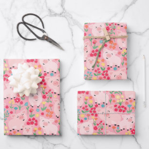 Pig Farm Animal Floral Rustic Birthday Party Wrapping Paper Sheet