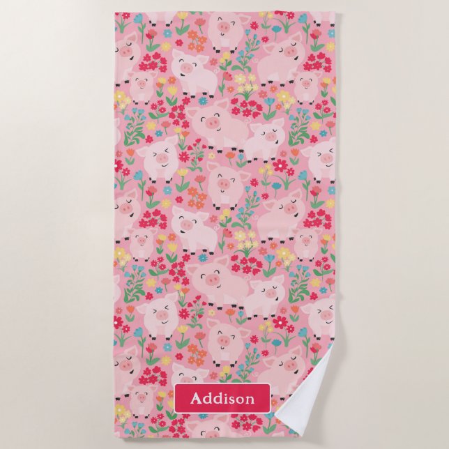 Pig Farm Animal Floral Rustic Personalised Beach Towel (Front)