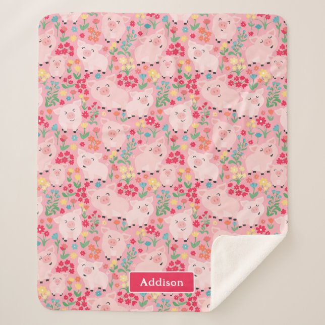 Pig Farm Animal Floral Rustic Personalised Sherpa Blanket (Front)