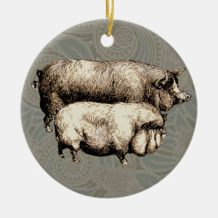Pig Farm Country Antique Illustration Art Ceramic Ornament