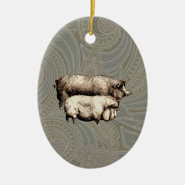 Pig Farm Country Antique Illustration Art Ceramic Ornament (Front)