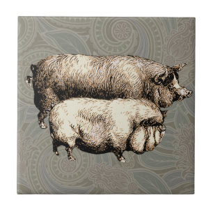 Pig Farm Country Antique Illustration Art Ceramic Tile