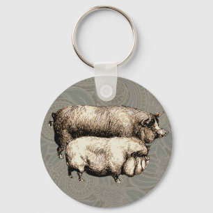 Pig Farm Country Antique Illustration Art Key Ring