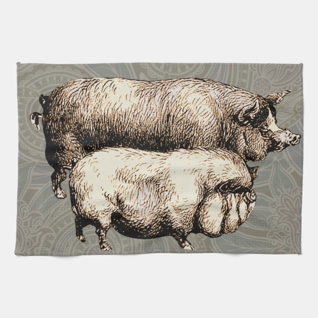 Pig Farm Country Antique Illustration Art Tea Towel (Horizontal)