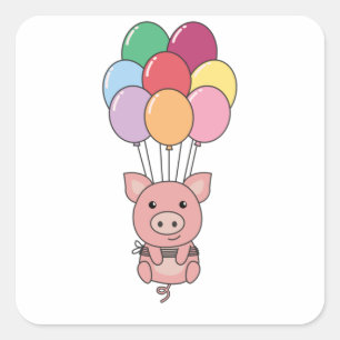 Pig Flies Up With Colourful Balloons Square Sticker