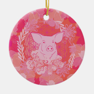 pig,flower of life, blue, mandala,zen,chakra,patt ceramic ornament