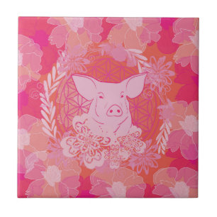 pig,flower of life, blue, mandala,zen,chakra,patt ceramic tile
