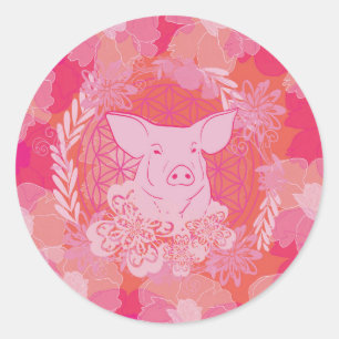 pig,flower of life, blue, mandala,zen,chakra,patt classic round sticker