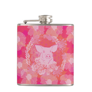 pig,flower of life, blue, mandala,zen,chakra,patt hip flask