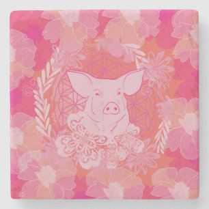 pig,flower of life, blue, mandala,zen,chakra,patt stone coaster