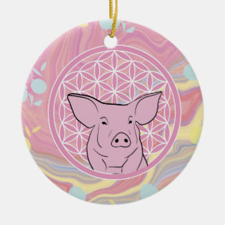 pig,flower of life, rose, mandala,zen,chakra, ceramic ornament