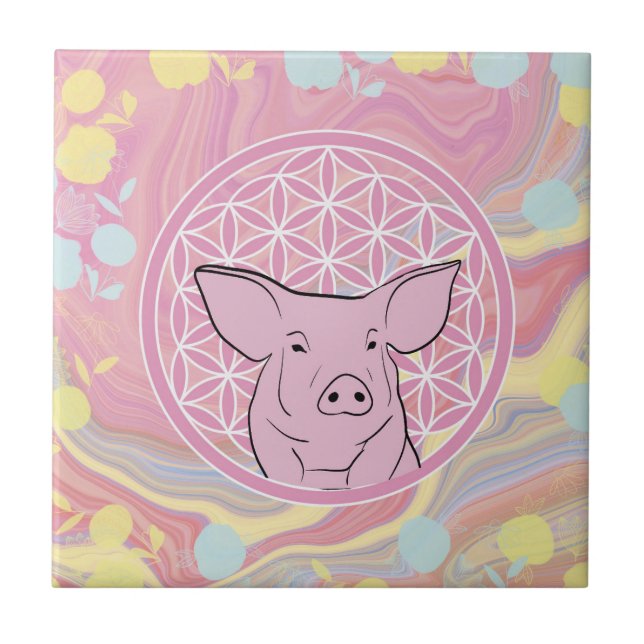 pig,flower of life, rose, mandala,zen,chakra, ceramic tile (Front)