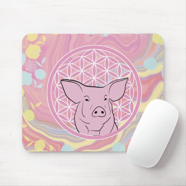 pig,flower of life, rose, mandala,zen,chakra, mouse pad (With Mouse)